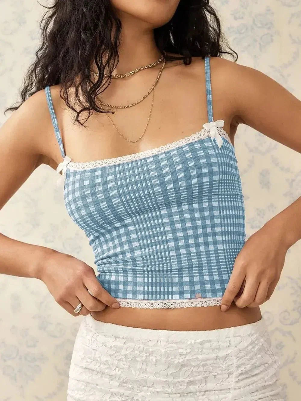 Lace Detail Plaid Square Neck Cami - VILLA FASHION